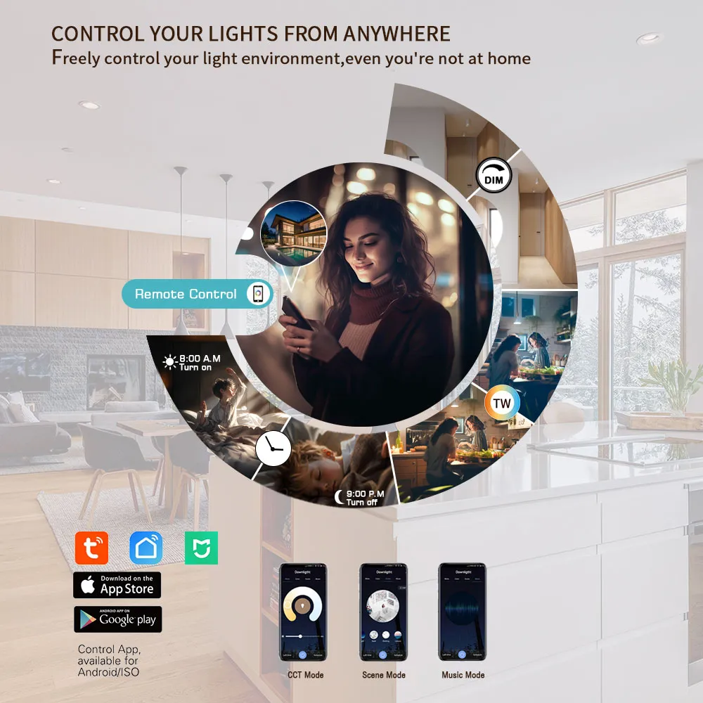 A woman using her smartphone to control home lights remotely.