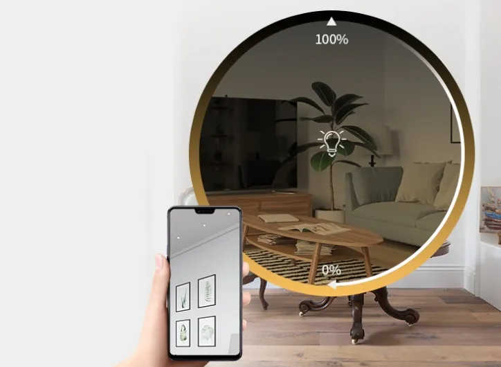 A smartphone controlling light brightness from 0% to 100%.