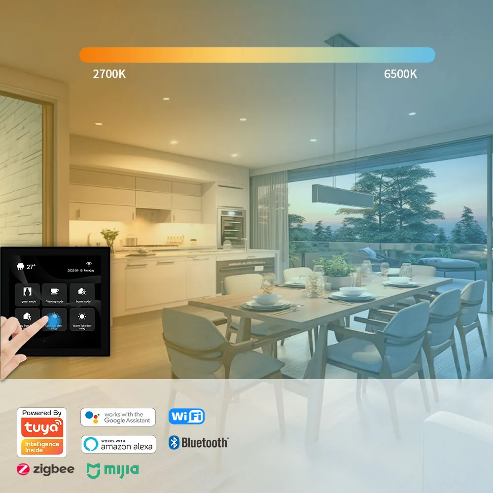 A touchscreen interface adjusting light color temperature from 2700K to 6500K.