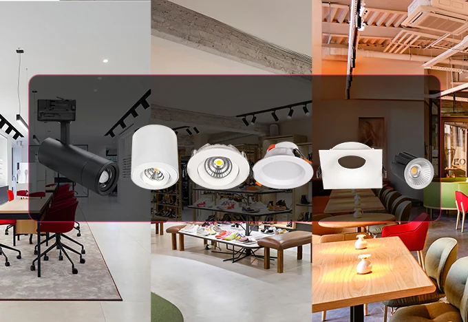 Commercial lighting fixtures in office, retail, and dining spaces.