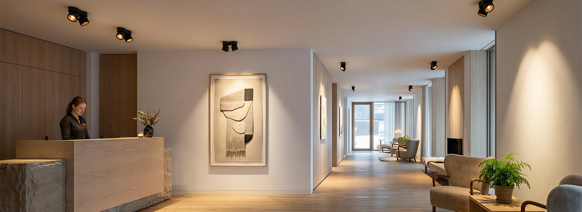 ANOVA LIGHTING hotel lobby reception area with elegant CE-certified lighting