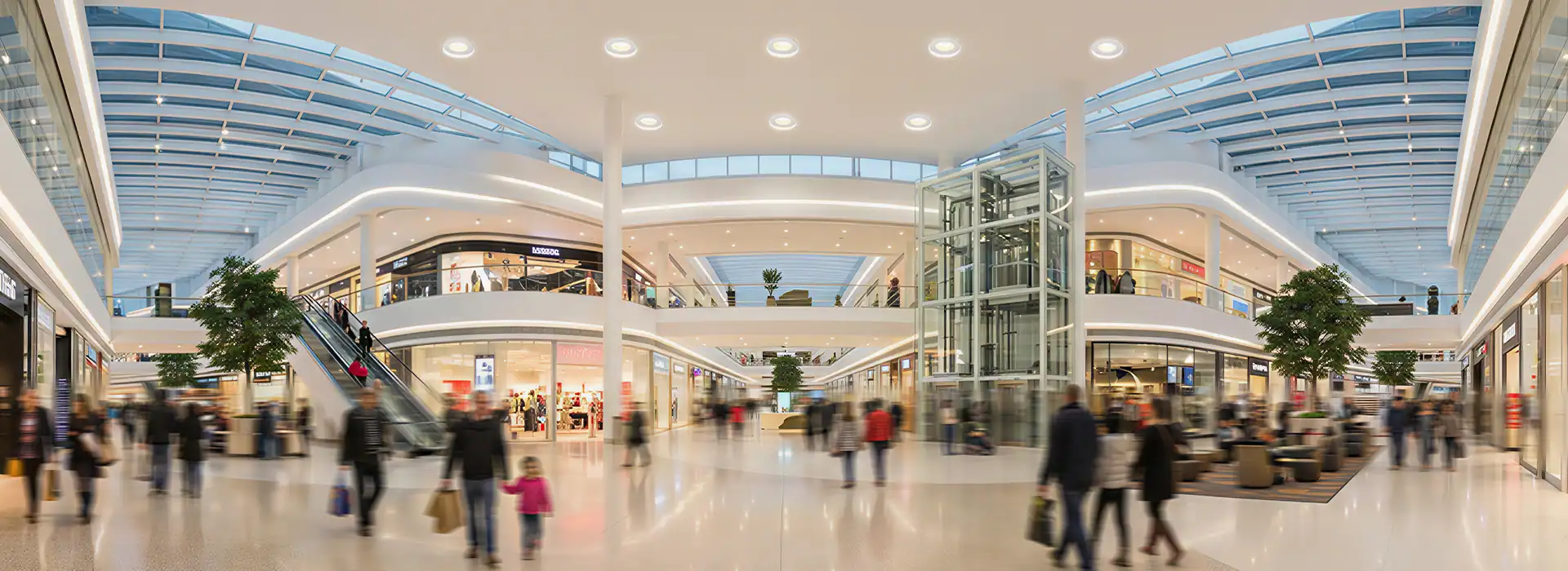 ANOVA LIGHTING's modern shopping mall lighting solution illuminating retail spaces.