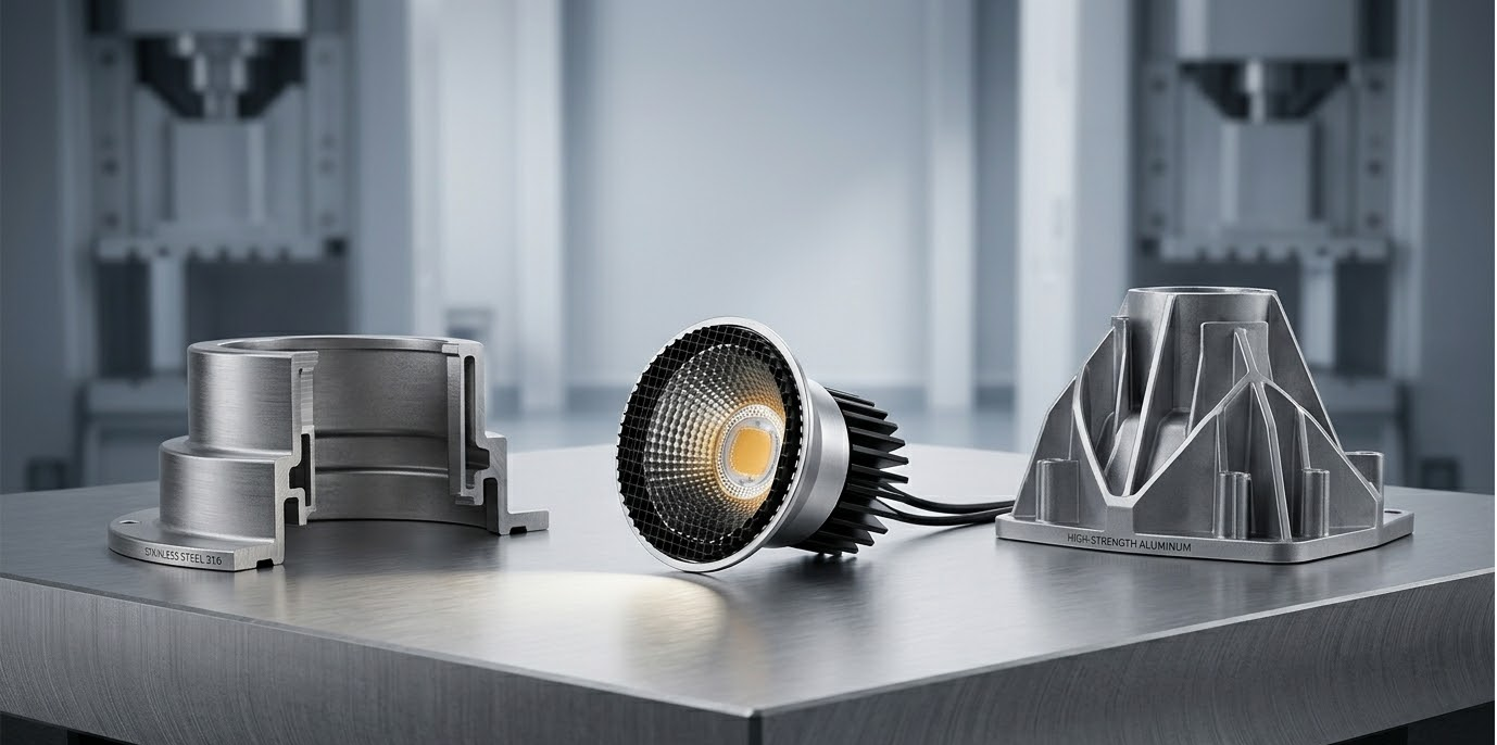 ANOVA LIGHTING material comparison: aluminum, plastic, and stainless steel in light fixtures.